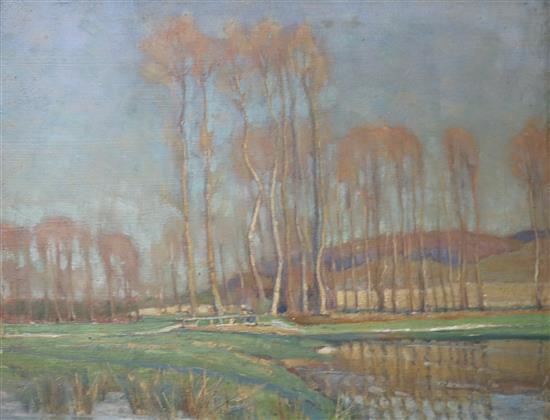 French Impressionist late 19th century landscape with poplars and figures on a bridge, oil on panel prepared & sold Quai Voltaire Paris